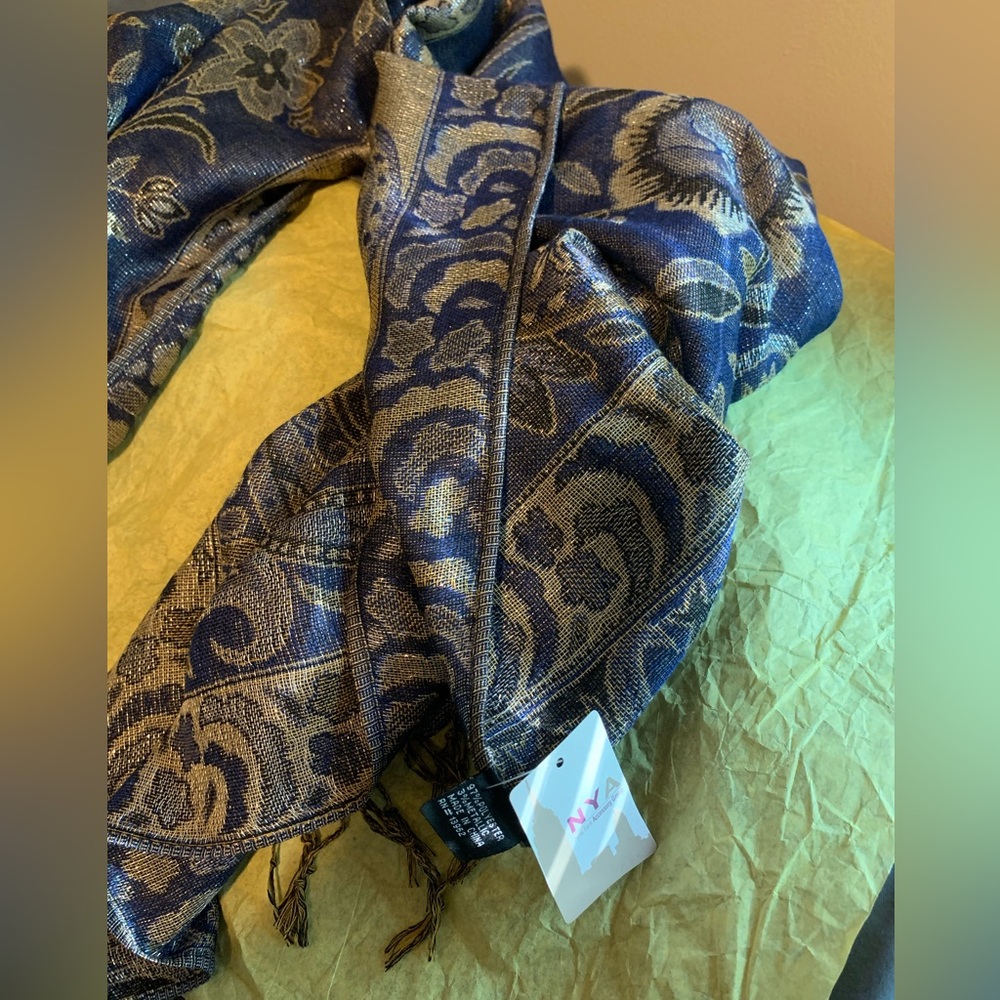New York Accessories Large Blue Gold Metallic Tassel Scarf NWT
